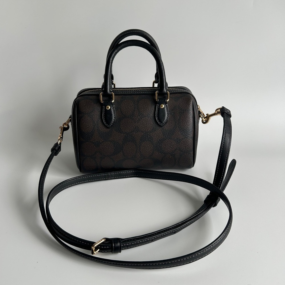 Coach Rowan Satchel Brown Black Signature Canvas Leather Bag Excellent - Picture 3 of 8
